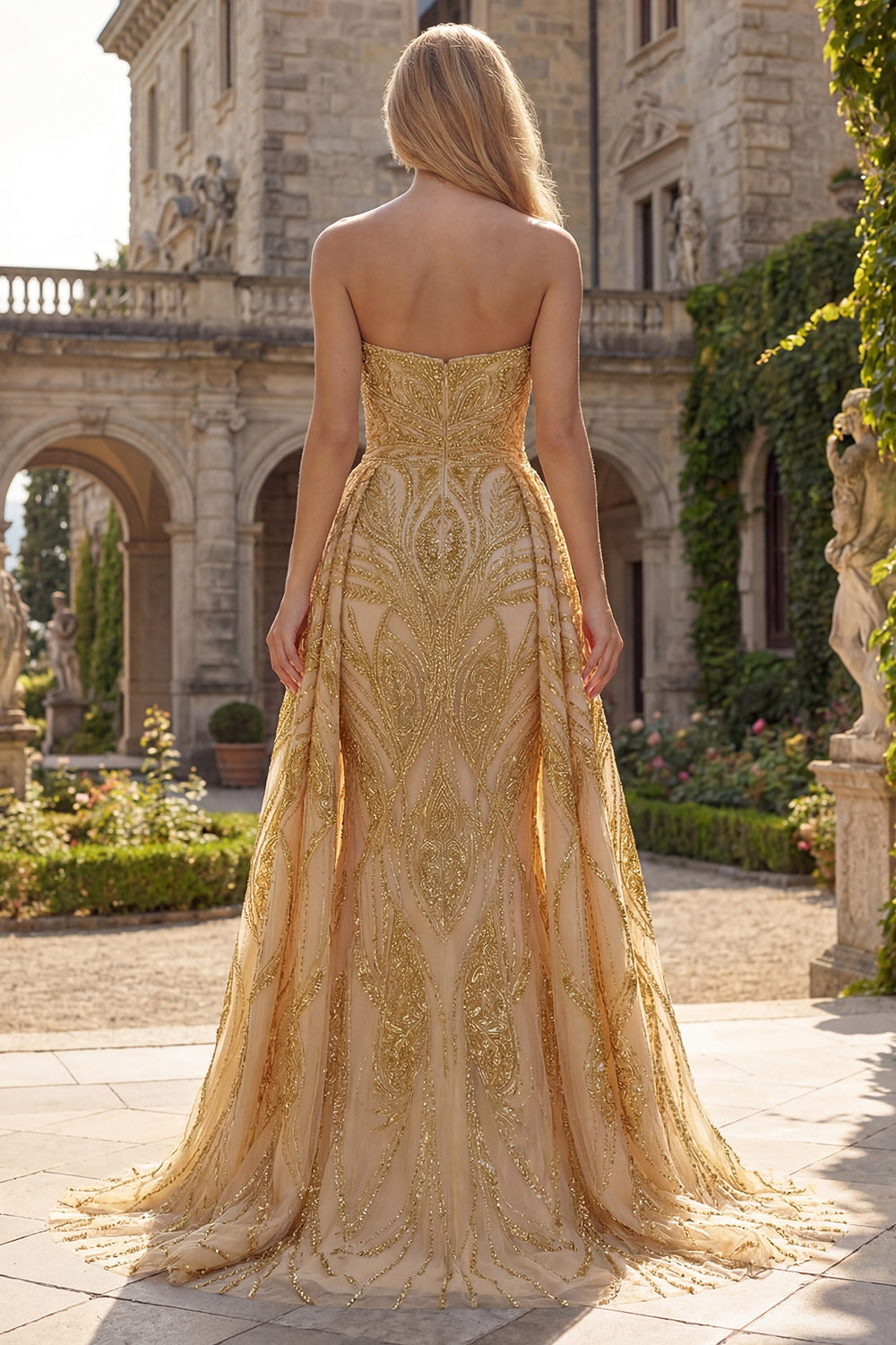 Sparkly Gold Strapless Mermaid Prom Dress with Side Drape