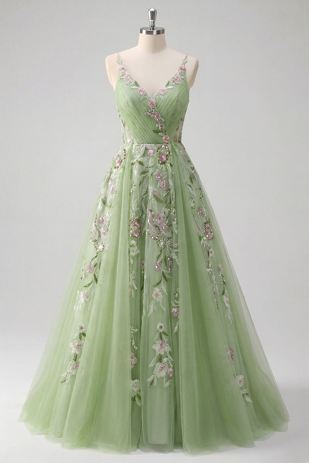 Green Spaghetti Straps Floral A Line Tulle Prom Dress