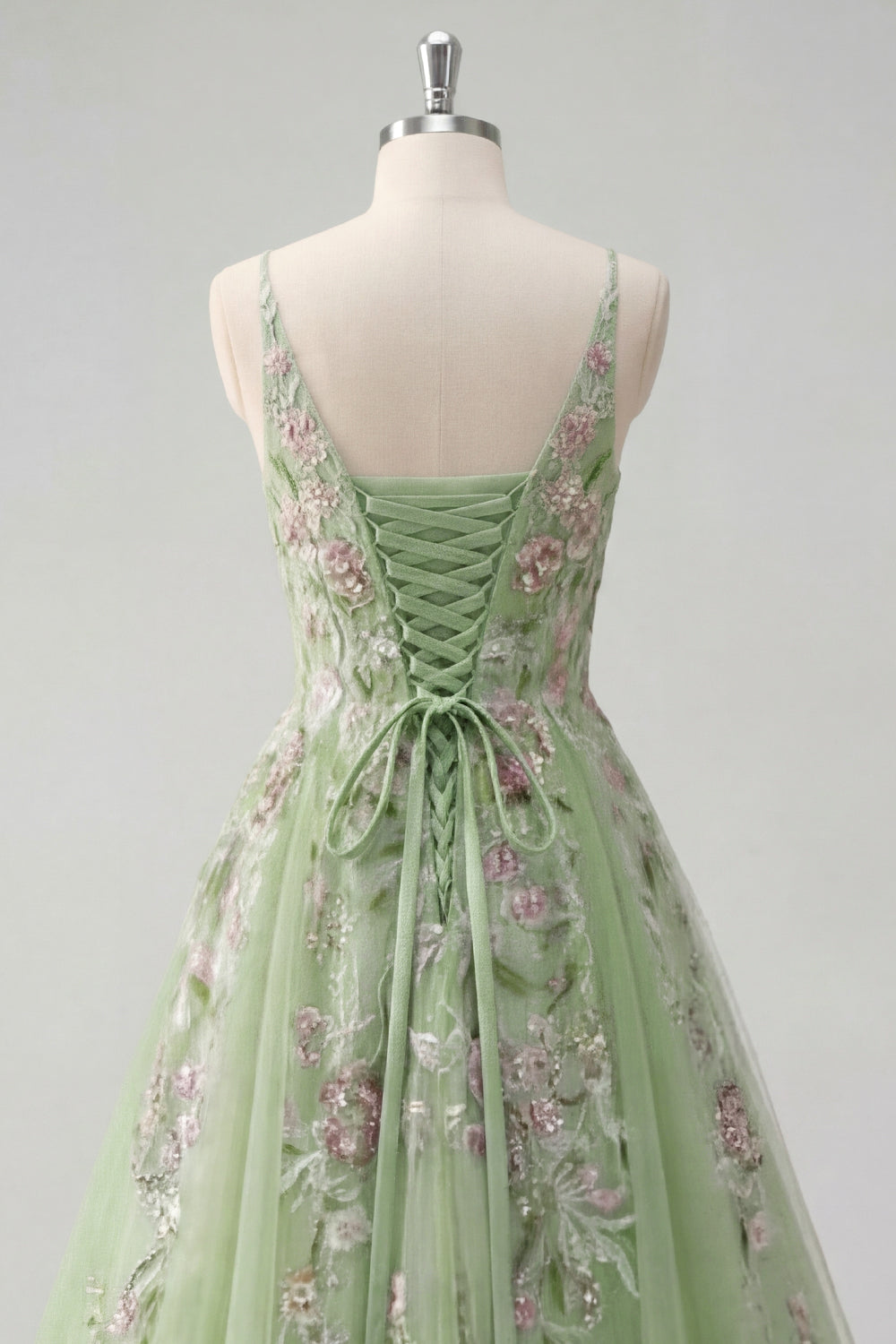 Green Spaghetti Straps Floral A Line Tulle Prom Dress