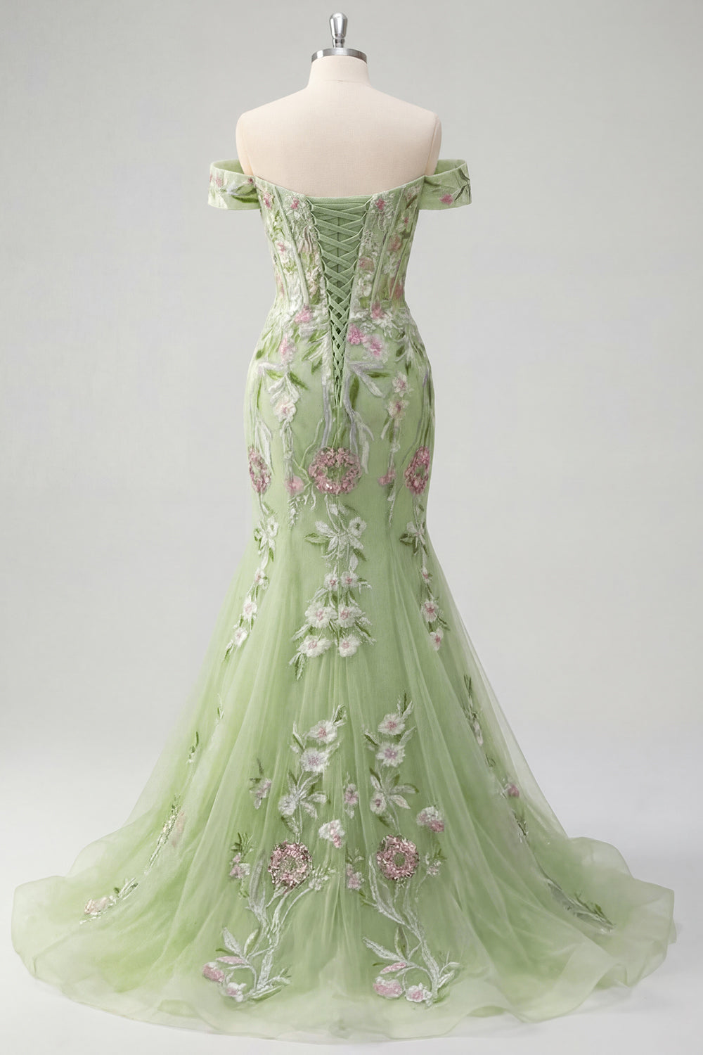 Robe de bal sirène verte en tulle brodé à épaules dénudées