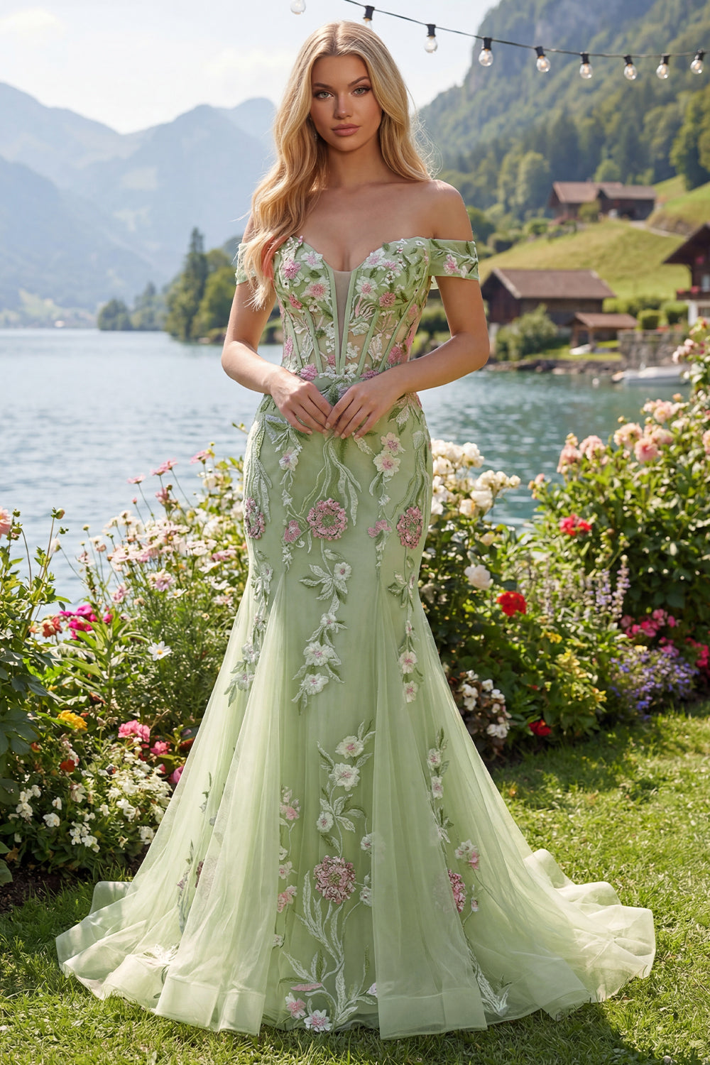 Robe de bal sirène verte en tulle brodé à épaules dénudées