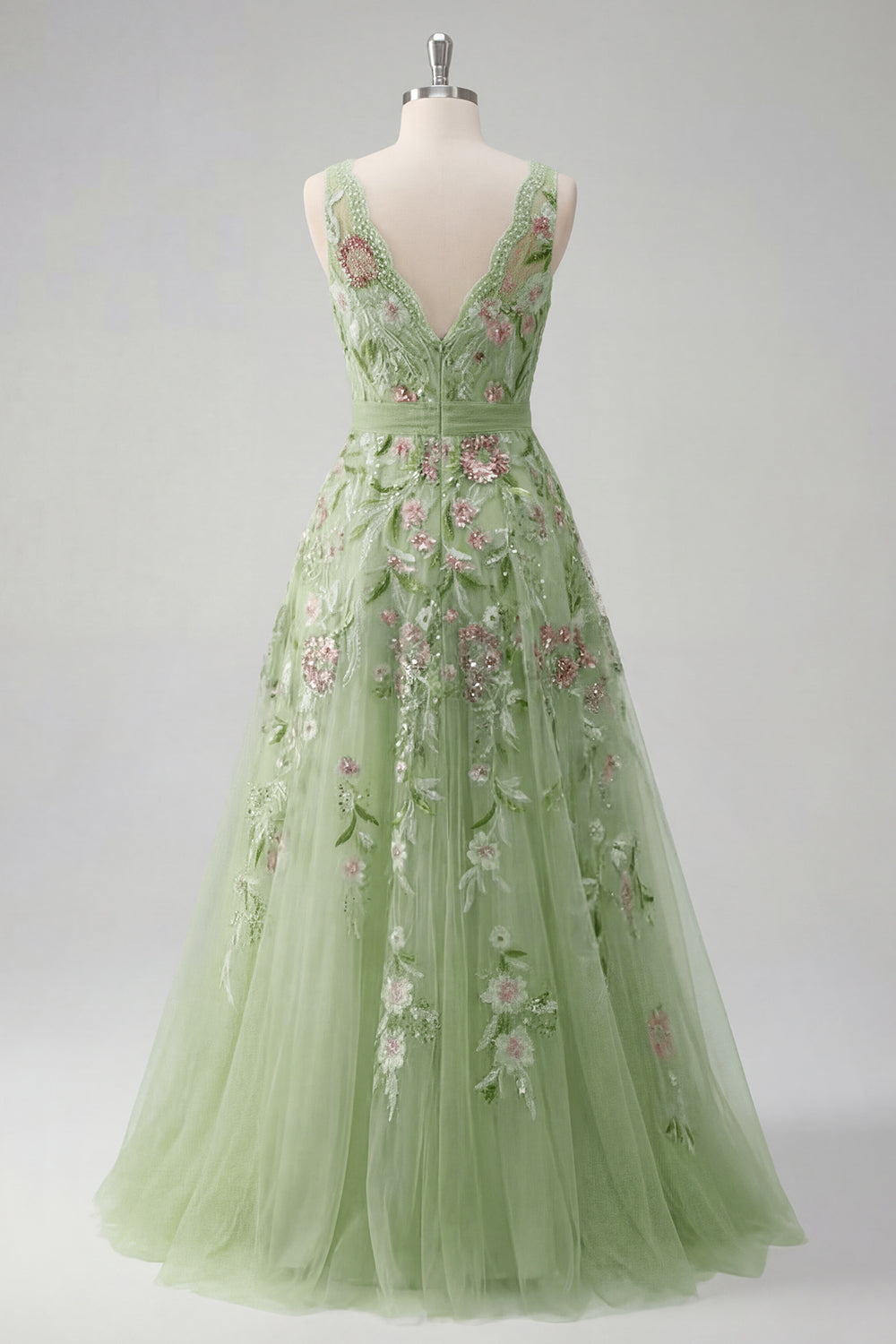 Green Floral V Neck A Line Appliqued Prom Dress