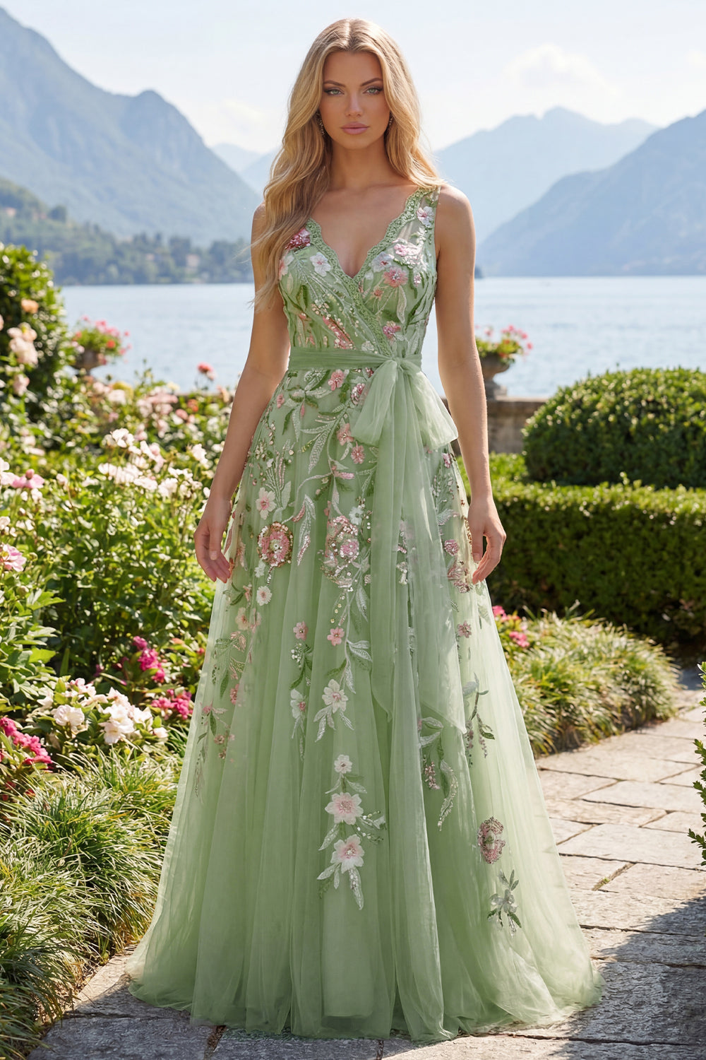 Green Floral V Neck A Line Appliqued Prom Dress