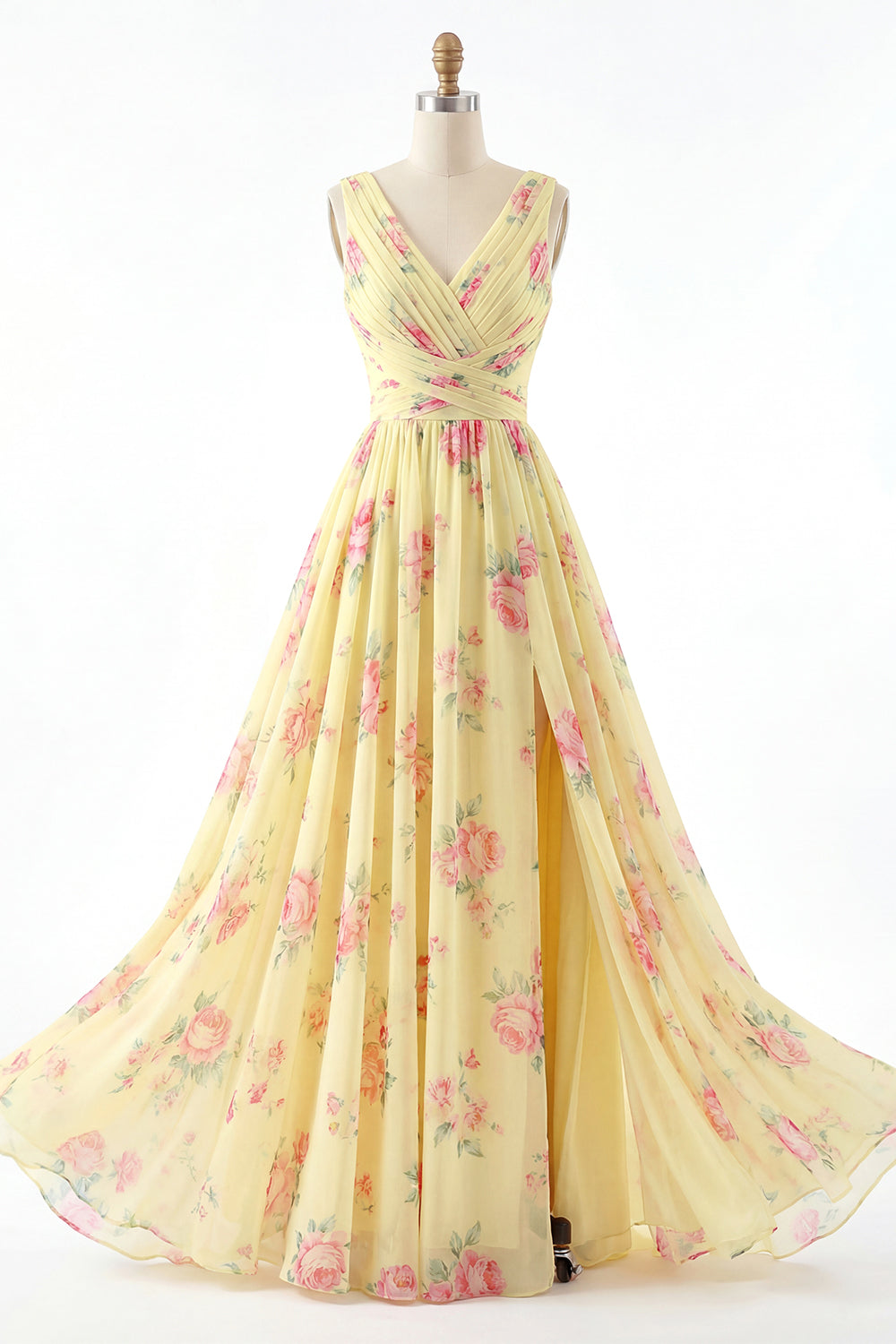 Yellow V-Neck Ruched A-Line Floral Prom Dress with Slit