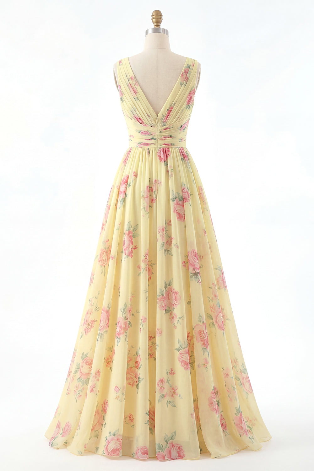 Yellow V-Neck Ruched A-Line Floral Prom Dress with Slit
