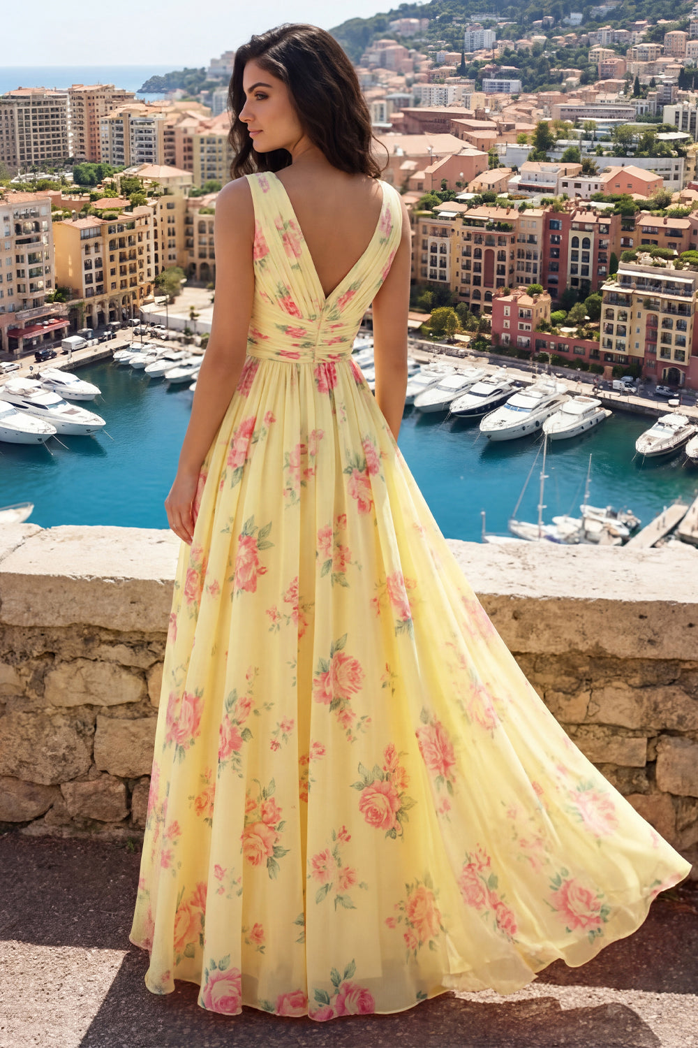 Yellow V-Neck Ruched A-Line Floral Prom Dress with Slit