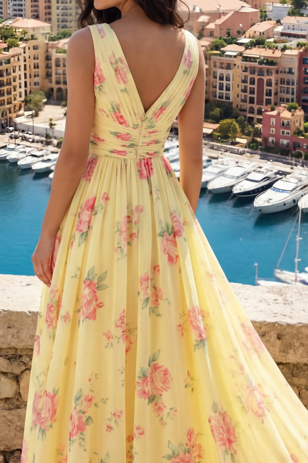 Yellow V-Neck Ruched A-Line Floral Prom Dress with Slit