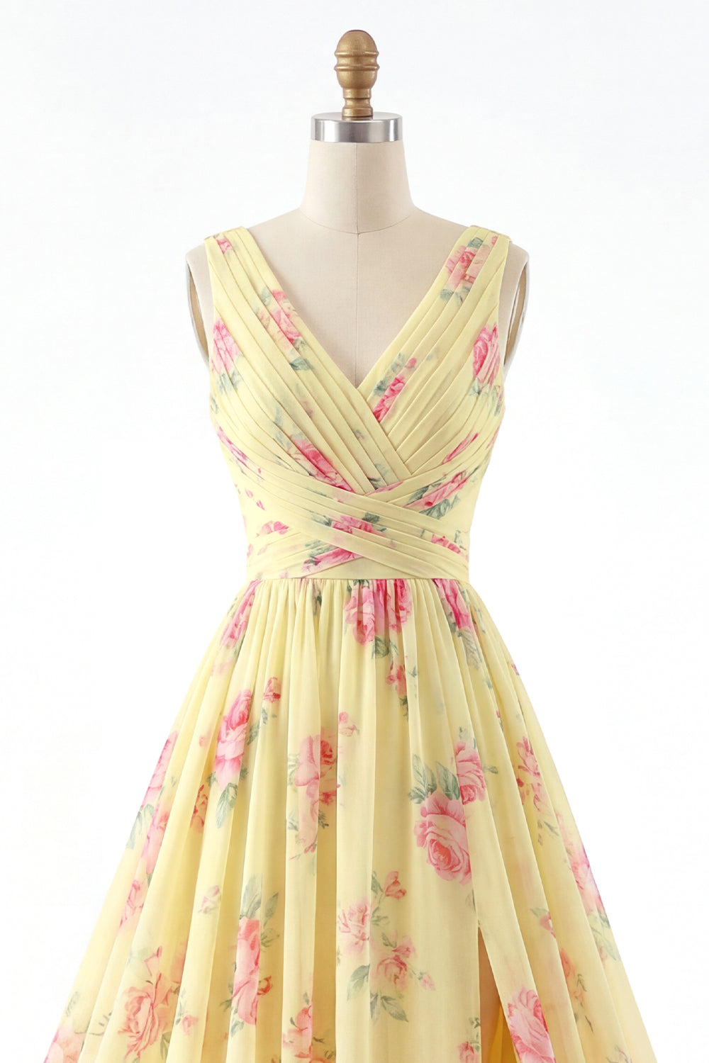 Yellow V-Neck Ruched A-Line Floral Prom Dress with Slit
