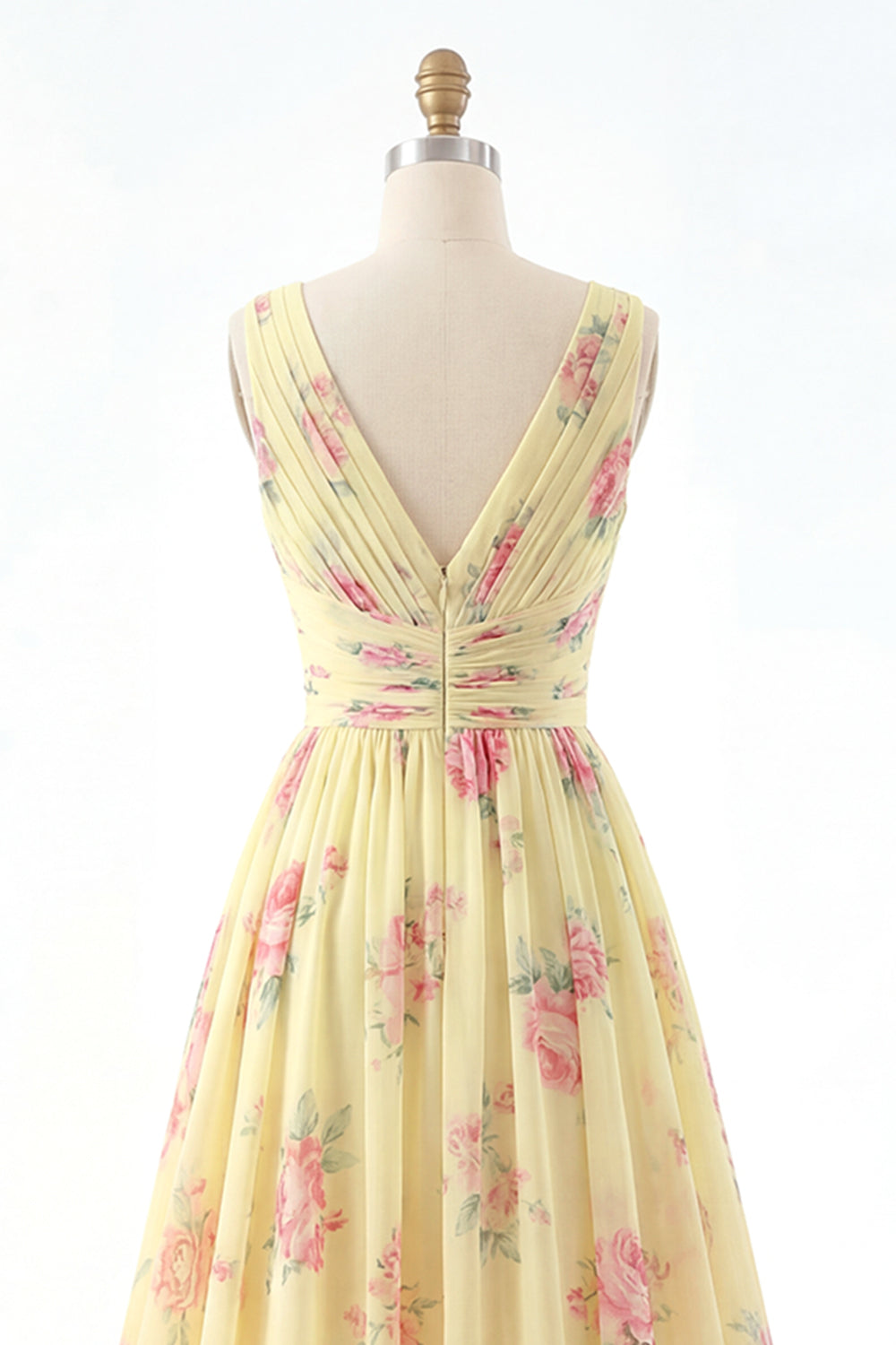 Yellow V-Neck Ruched A-Line Floral Prom Dress with Slit