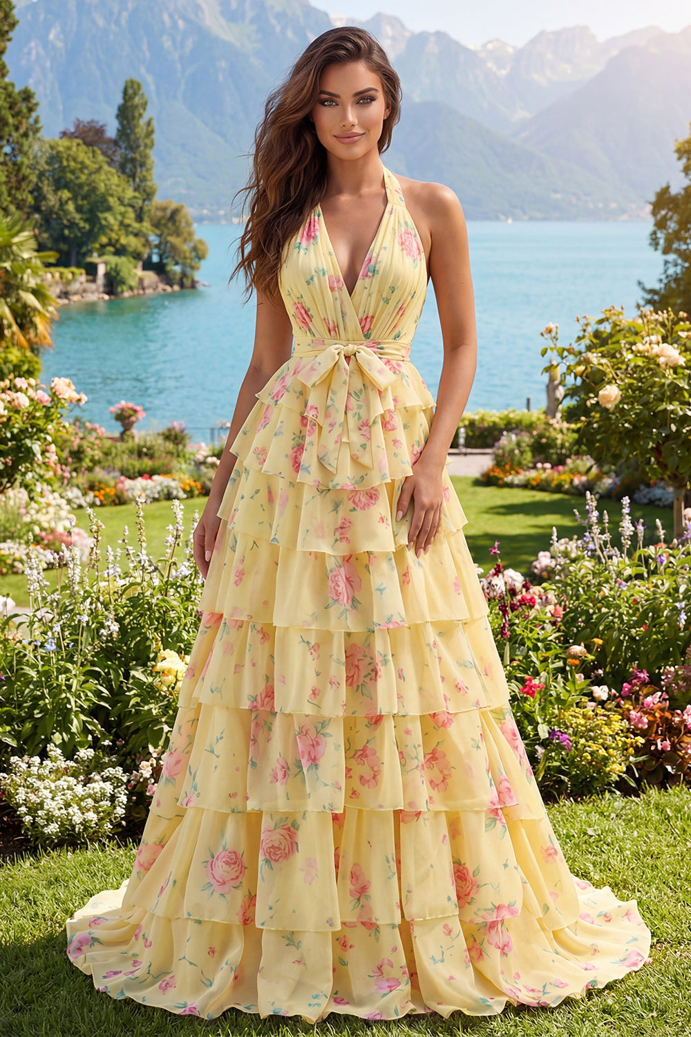Yellow Halter A Line Floral Long Prom Dress with Ruffles