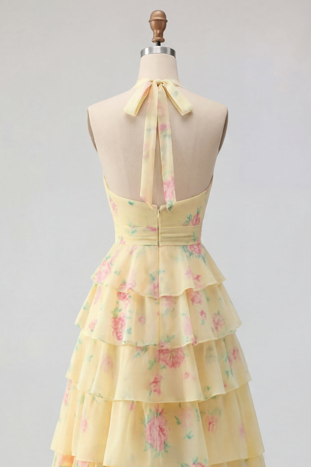 Yellow Halter A Line Floral Long Prom Dress with Ruffles