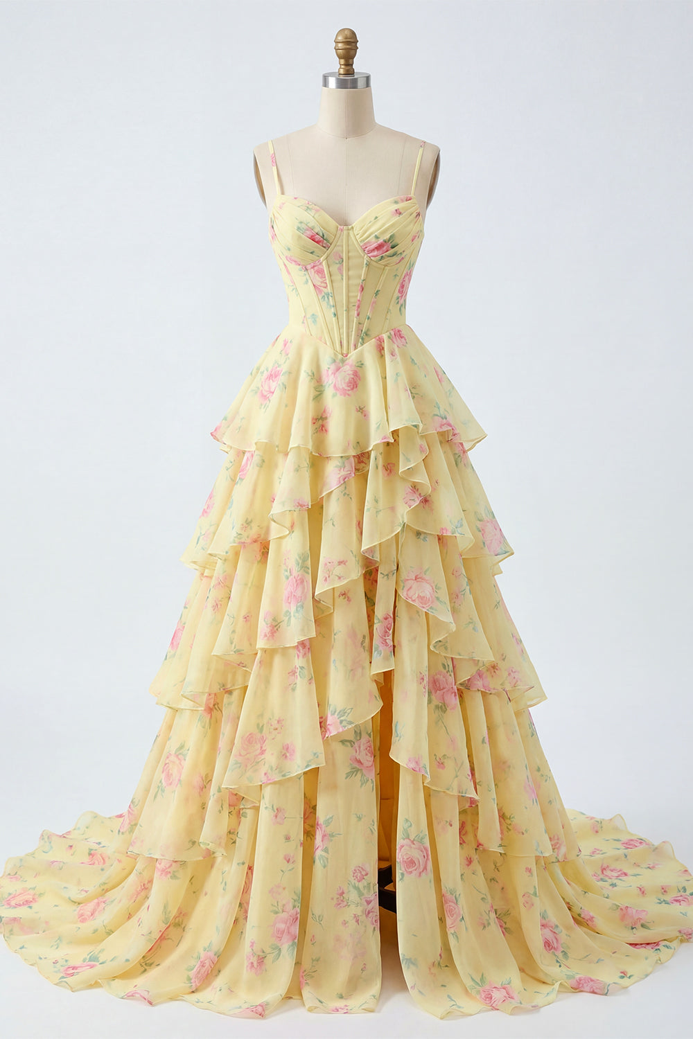 Yellow Spaghetti Straps A-line Corset Floral Prom Dress with Ruffles