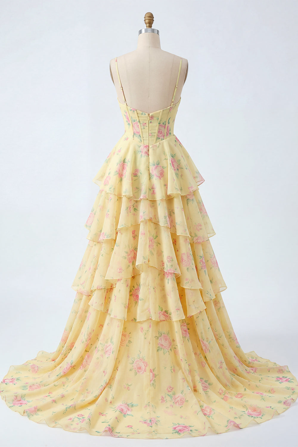 Yellow Spaghetti Straps A-line Corset Floral Prom Dress with Ruffles