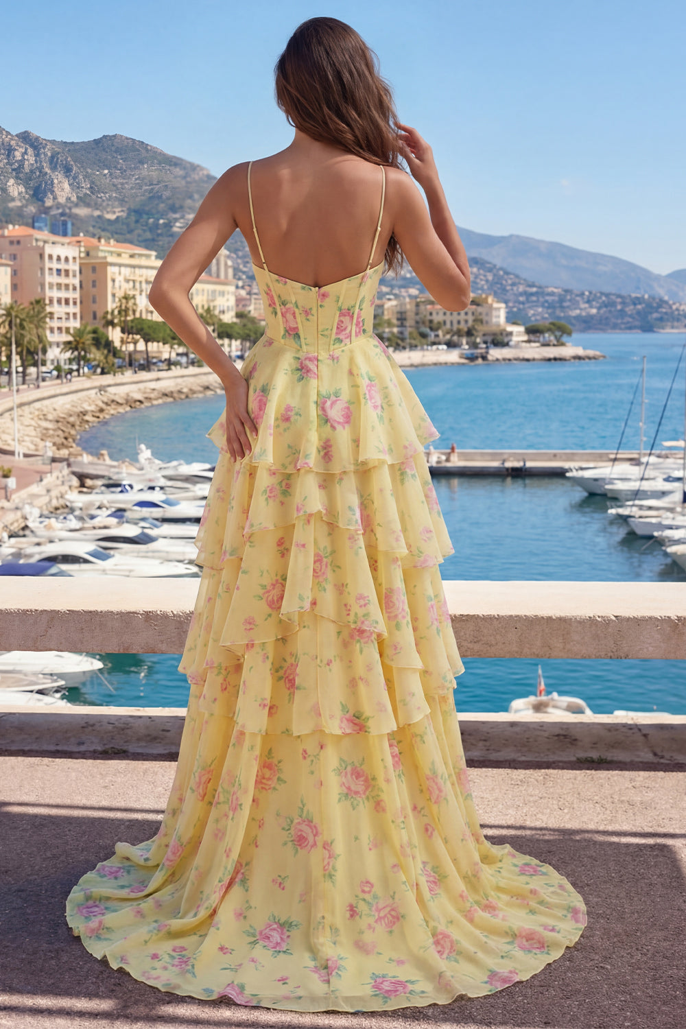 Yellow Spaghetti Straps A-line Corset Floral Prom Dress with Ruffles