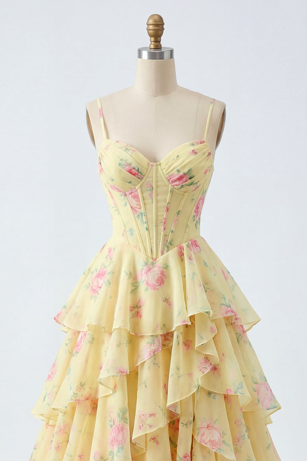 Yellow Spaghetti Straps A-line Corset Floral Prom Dress with Ruffles