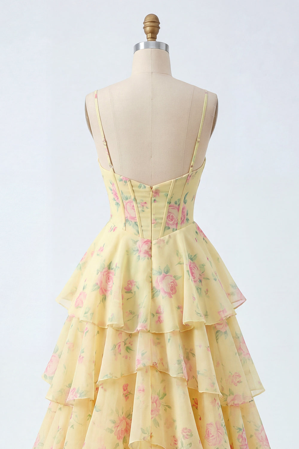 Yellow Spaghetti Straps A-line Corset Floral Prom Dress with Ruffles