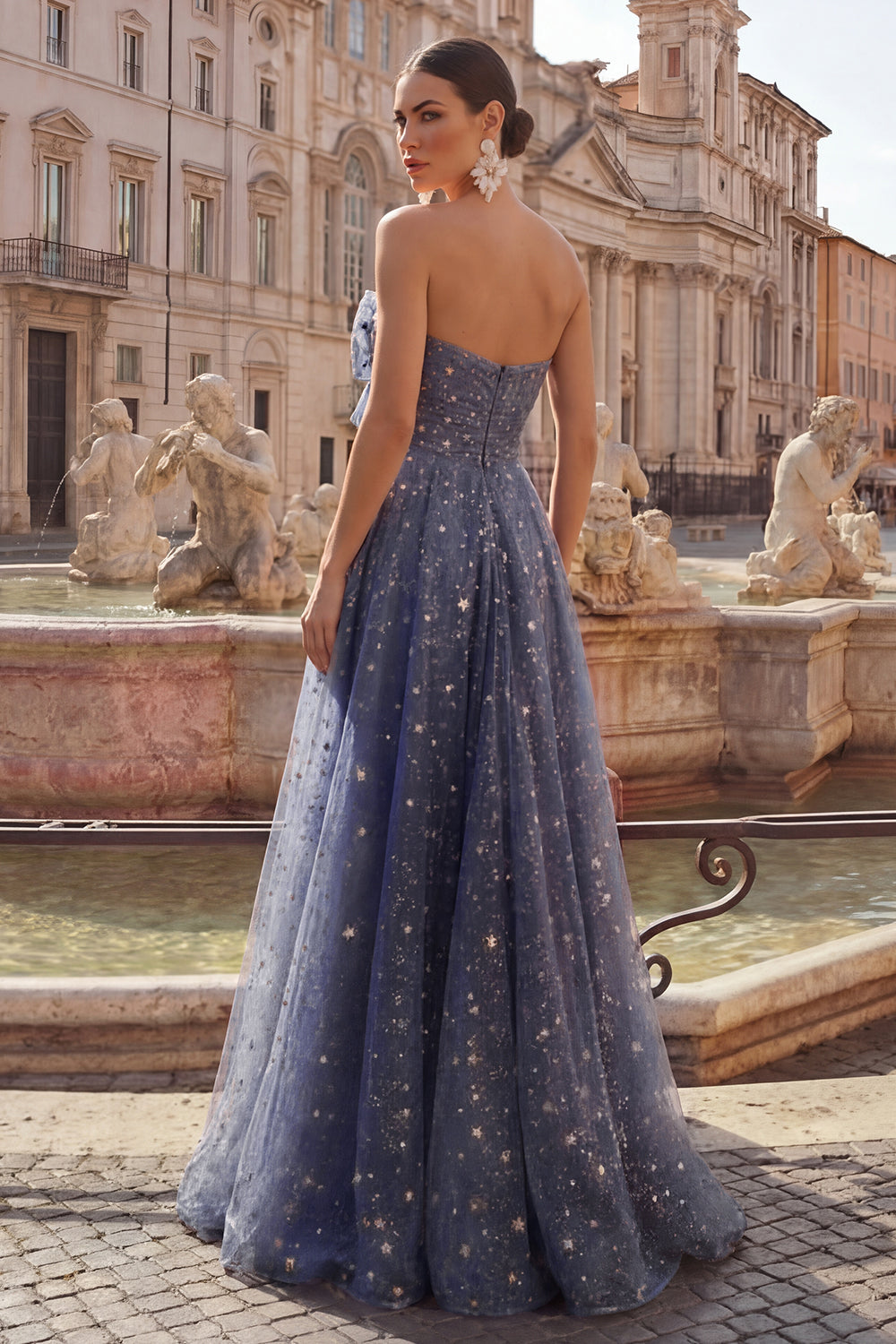 Celestial Midnight Enchanting Starry A-Line Sweetheart Long Prom Dress with Bow
