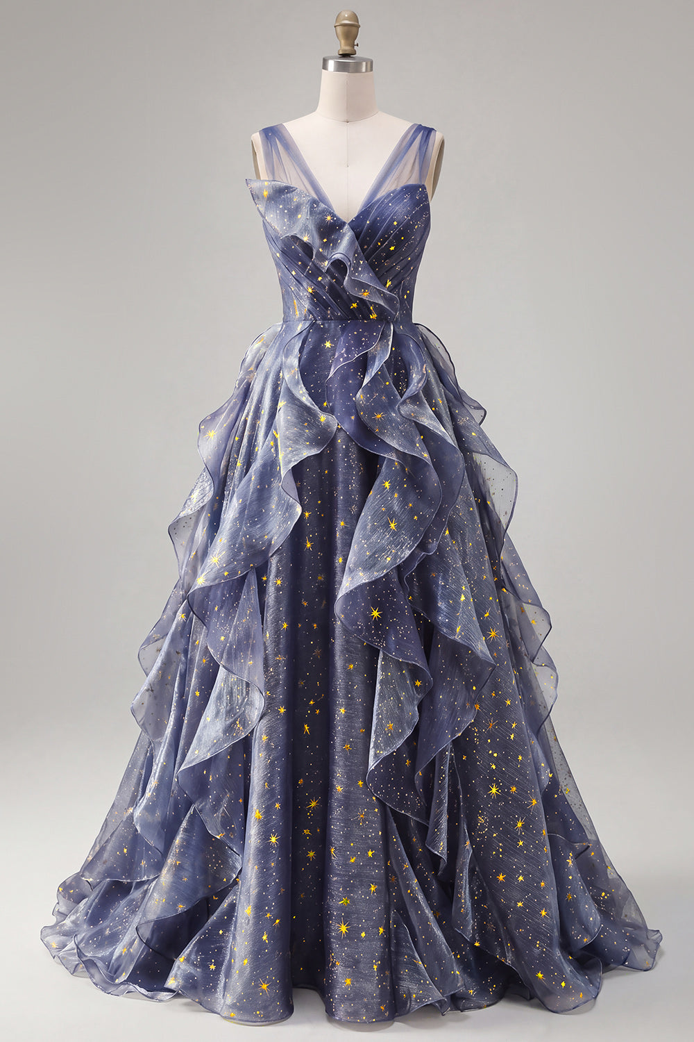 Robe de bal élégante bleu poudré en tulle col en V ciel étoilé avec volants étagés