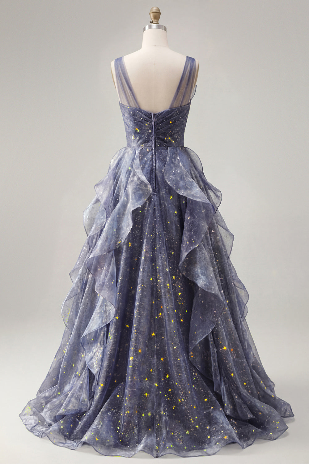 Robe de bal élégante bleu poudré en tulle col en V ciel étoilé avec volants étagés