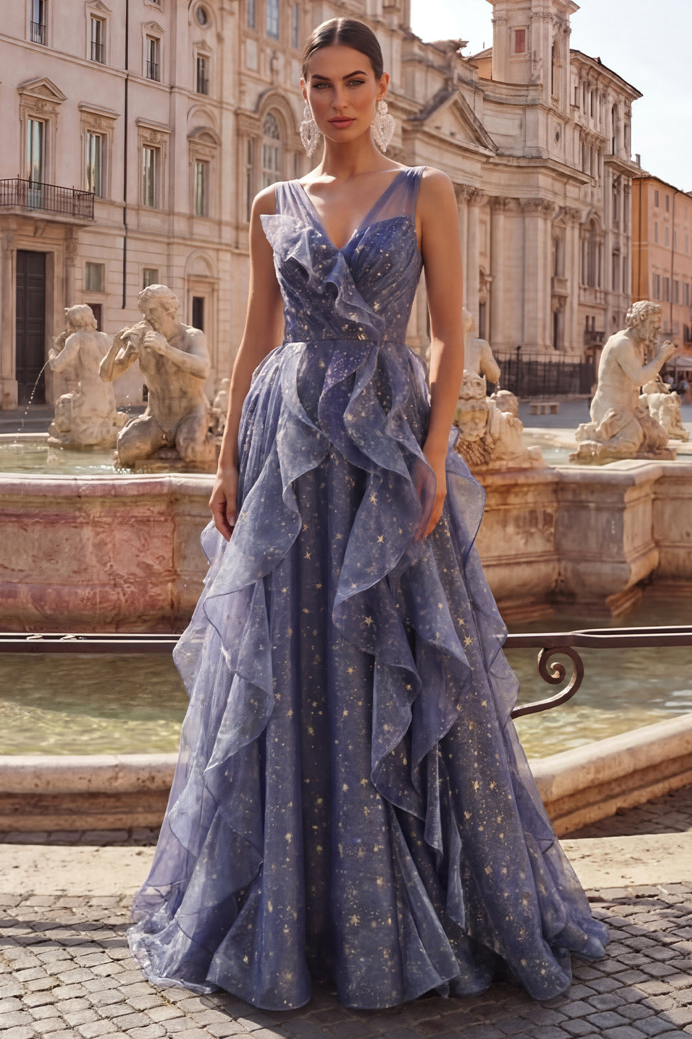 Robe de bal élégante bleu poudré en tulle col en V ciel étoilé avec volants étagés