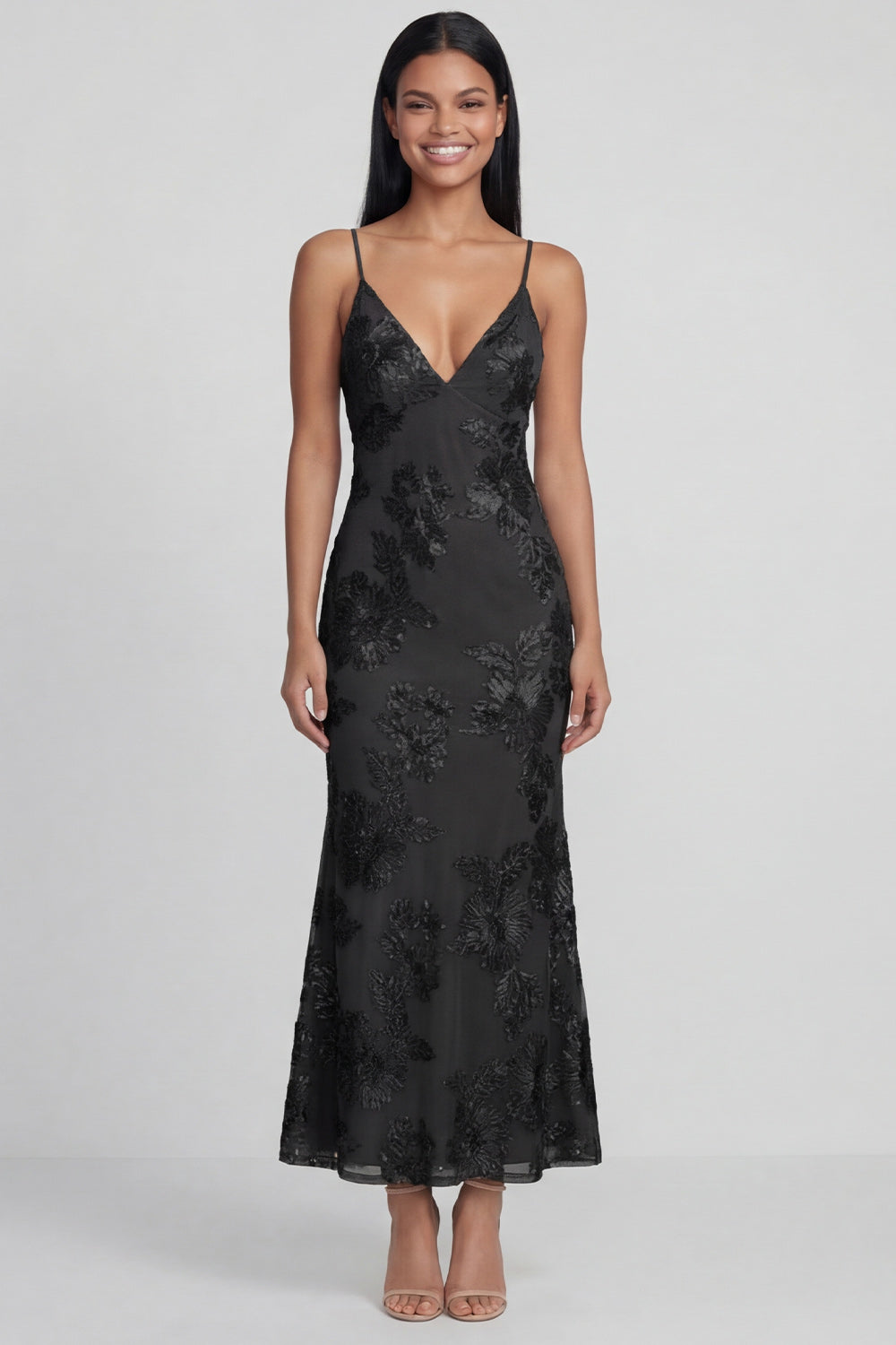 Sage Green Sheath Spaghetti Straps Floral Embroidery Maxi Dress with Lace Up Back