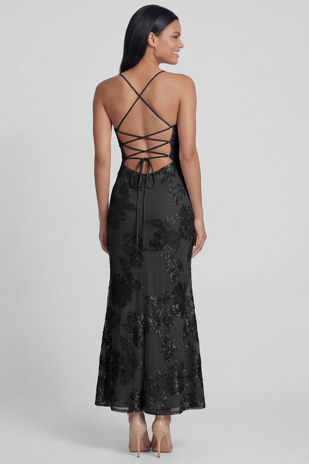 Sage Green Sheath Spaghetti Straps Floral Embroidery Maxi Dress with Lace Up Back