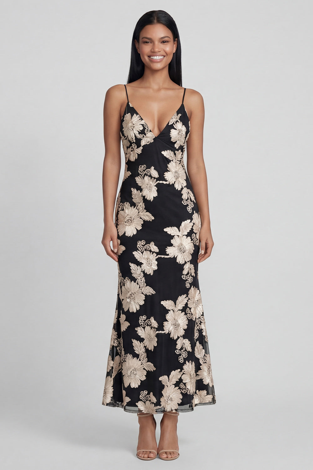 Sage Green Sheath Spaghetti Straps Floral Embroidery Maxi Dress with Lace Up Back