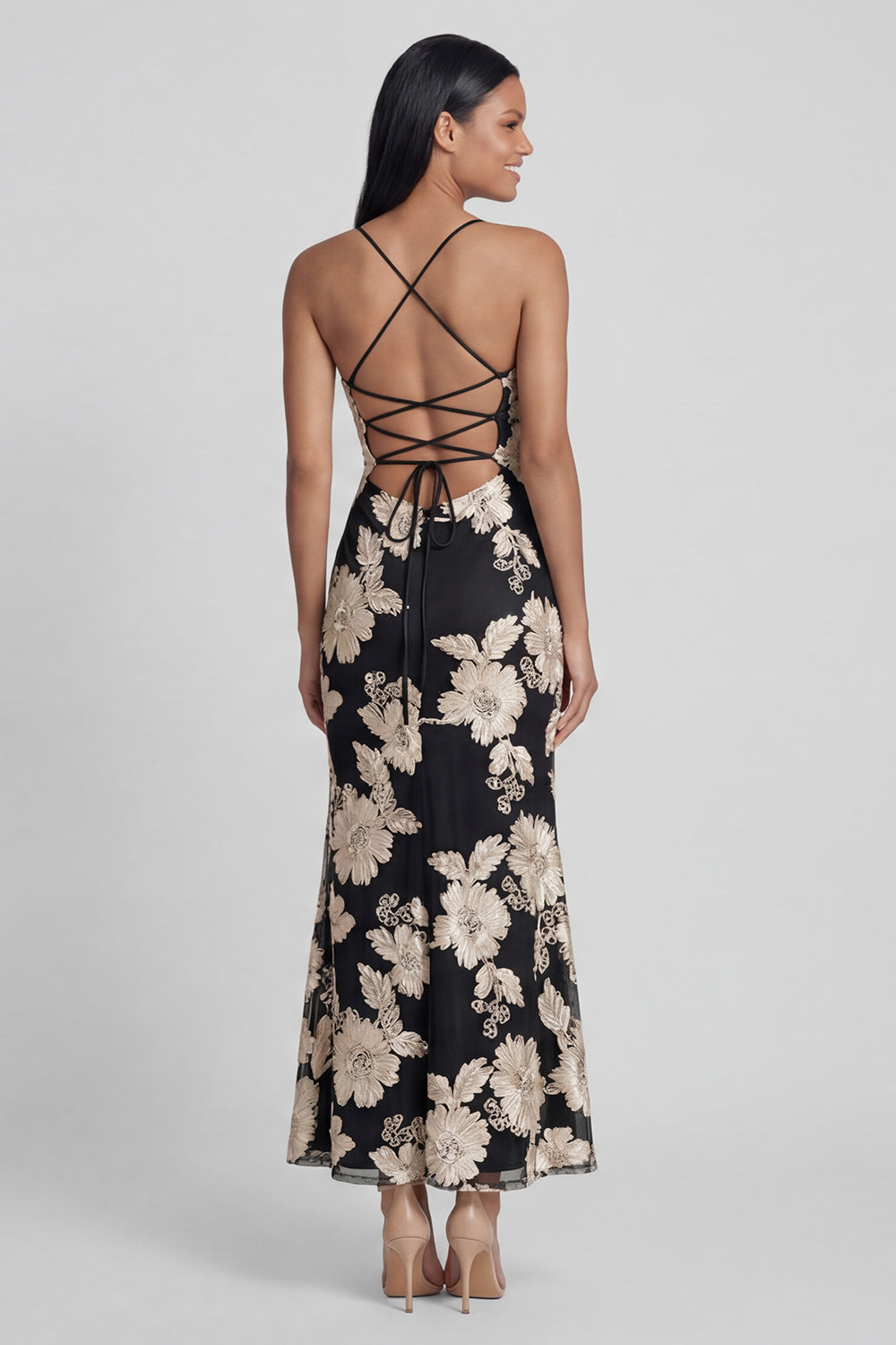 Sage Green Sheath Spaghetti Straps Floral Embroidery Maxi Dress with Lace Up Back