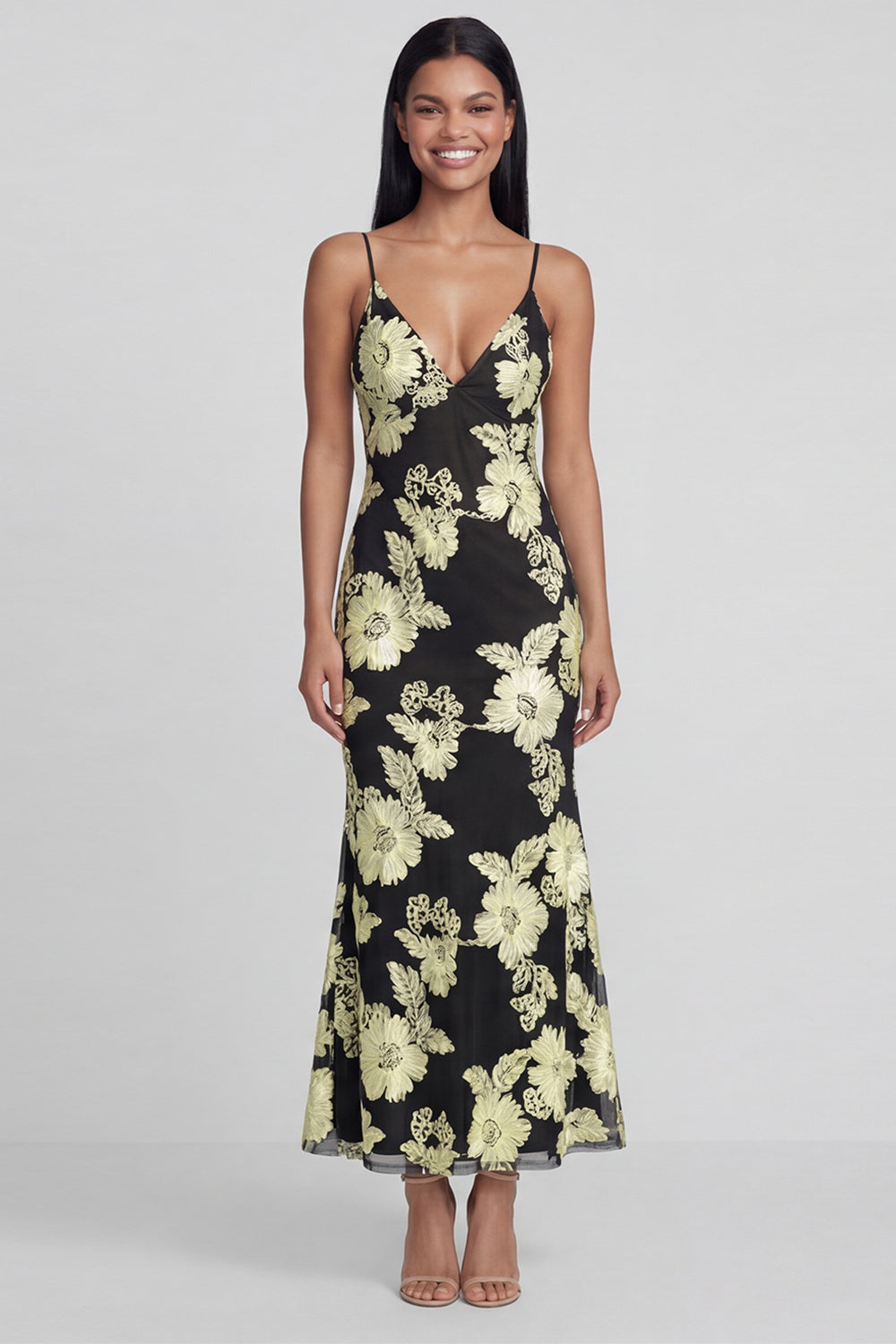 Sage Green Sheath Spaghetti Straps Floral Embroidery Maxi Dress with Lace Up Back