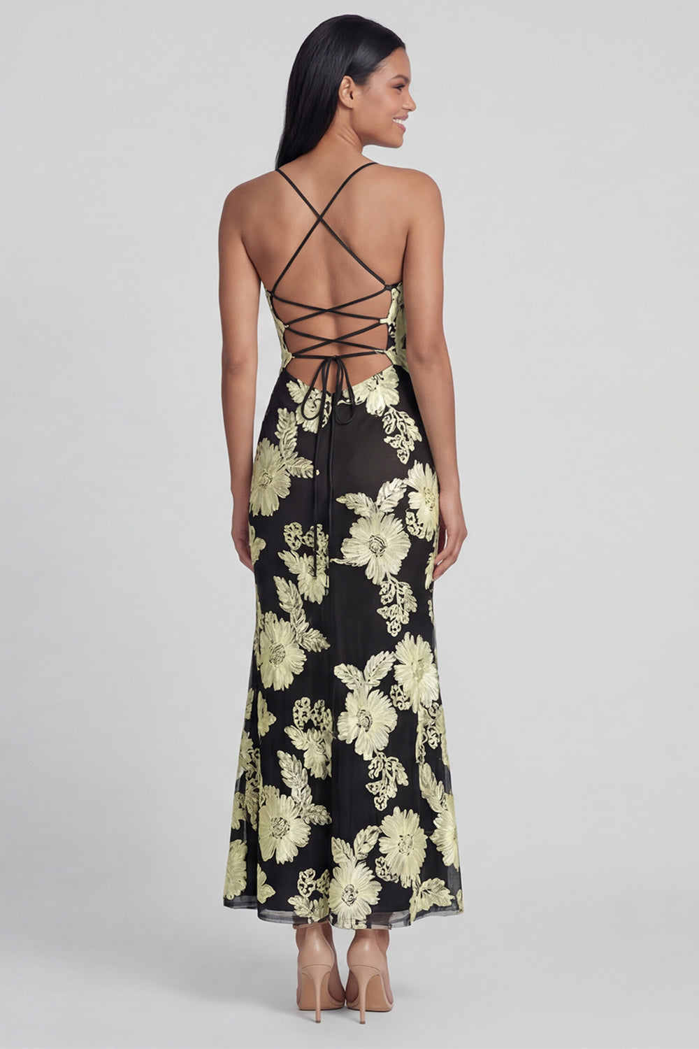 Sage Green Sheath Spaghetti Straps Floral Embroidery Maxi Dress with Lace Up Back
