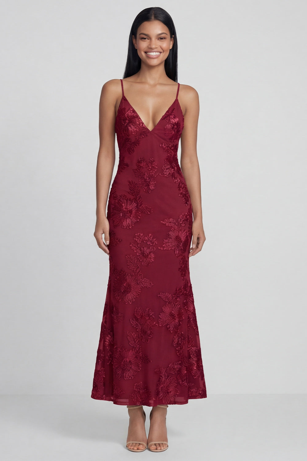 Sage Green Sheath Spaghetti Straps Floral Embroidery Maxi Dress with Lace Up Back