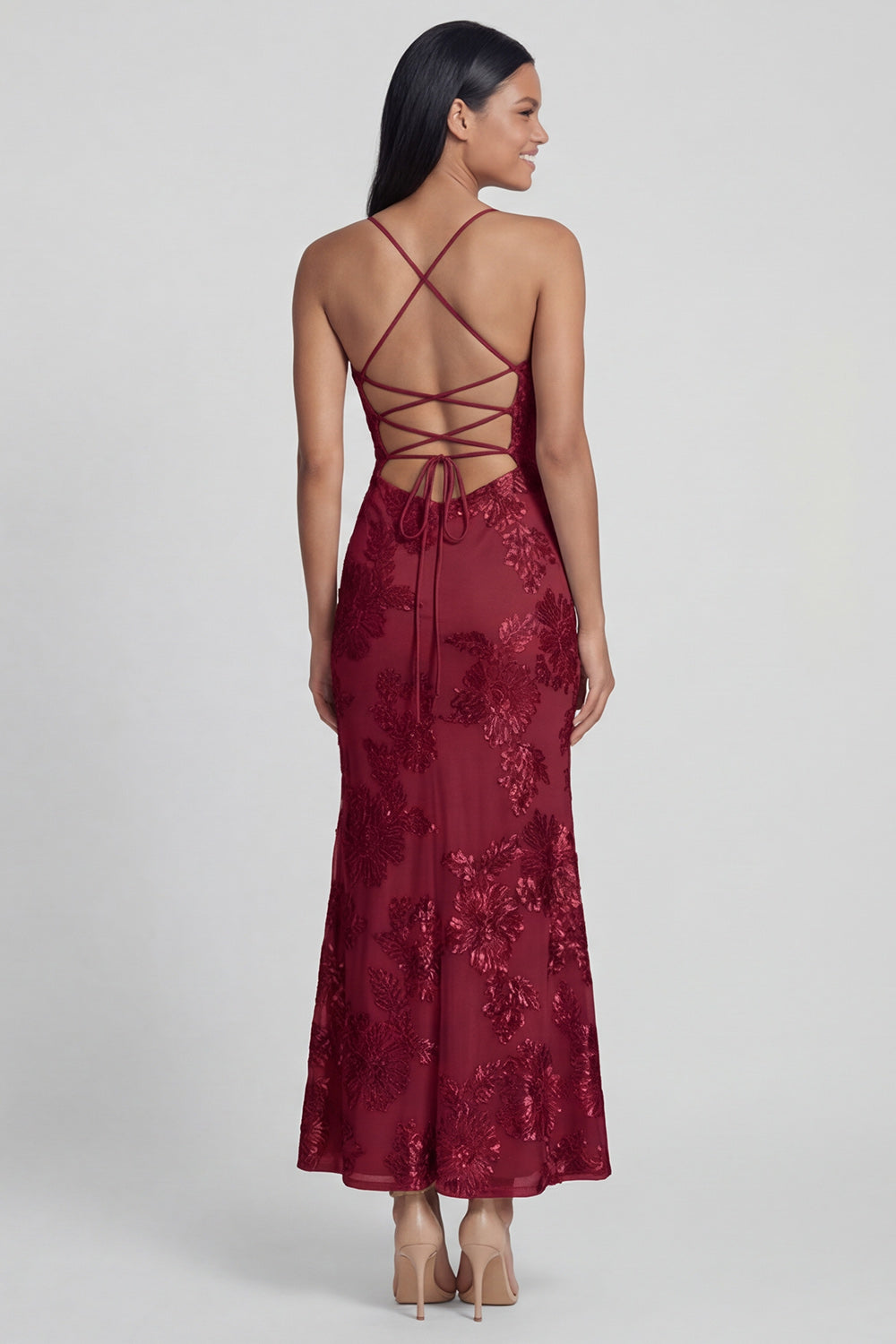 Sage Green Sheath Spaghetti Straps Floral Embroidery Maxi Dress with Lace Up Back