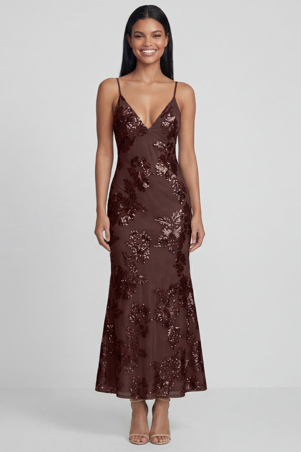 Sage Green Sheath Spaghetti Straps Floral Embroidery Maxi Dress with Lace Up Back