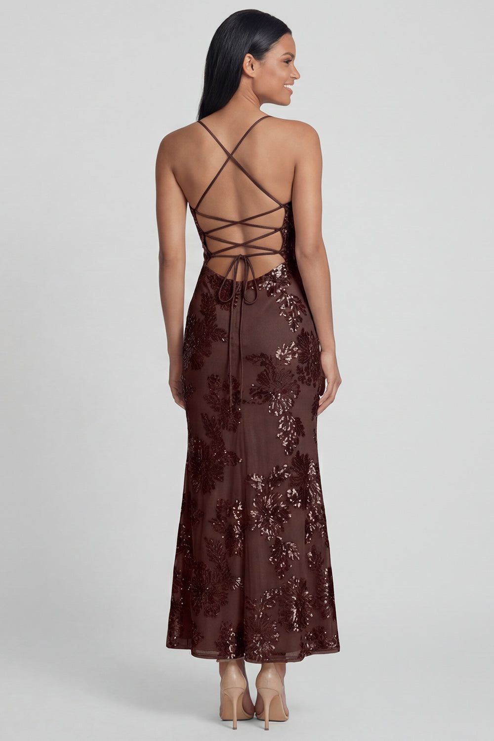 Sage Green Sheath Spaghetti Straps Floral Embroidery Maxi Dress with Lace Up Back