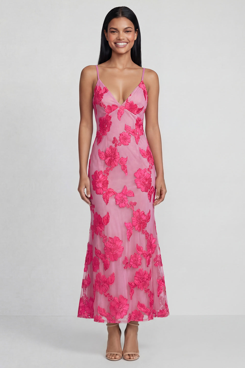 Sage Green Sheath Spaghetti Straps Floral Embroidery Maxi Dress with Lace Up Back