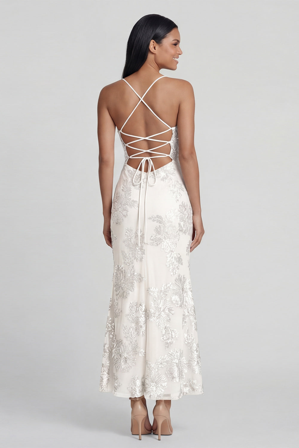 Sage Green Sheath Spaghetti Straps Floral Embroidery Maxi Dress with Lace Up Back