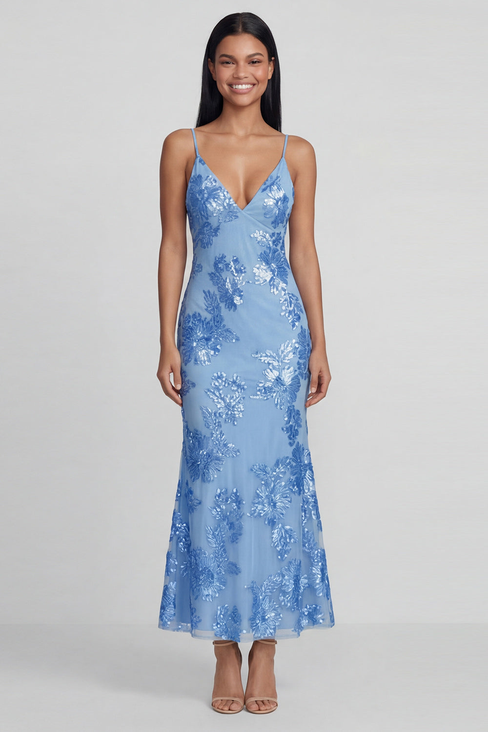 Sage Green Sheath Spaghetti Straps Floral Embroidery Maxi Dress with Lace Up Back