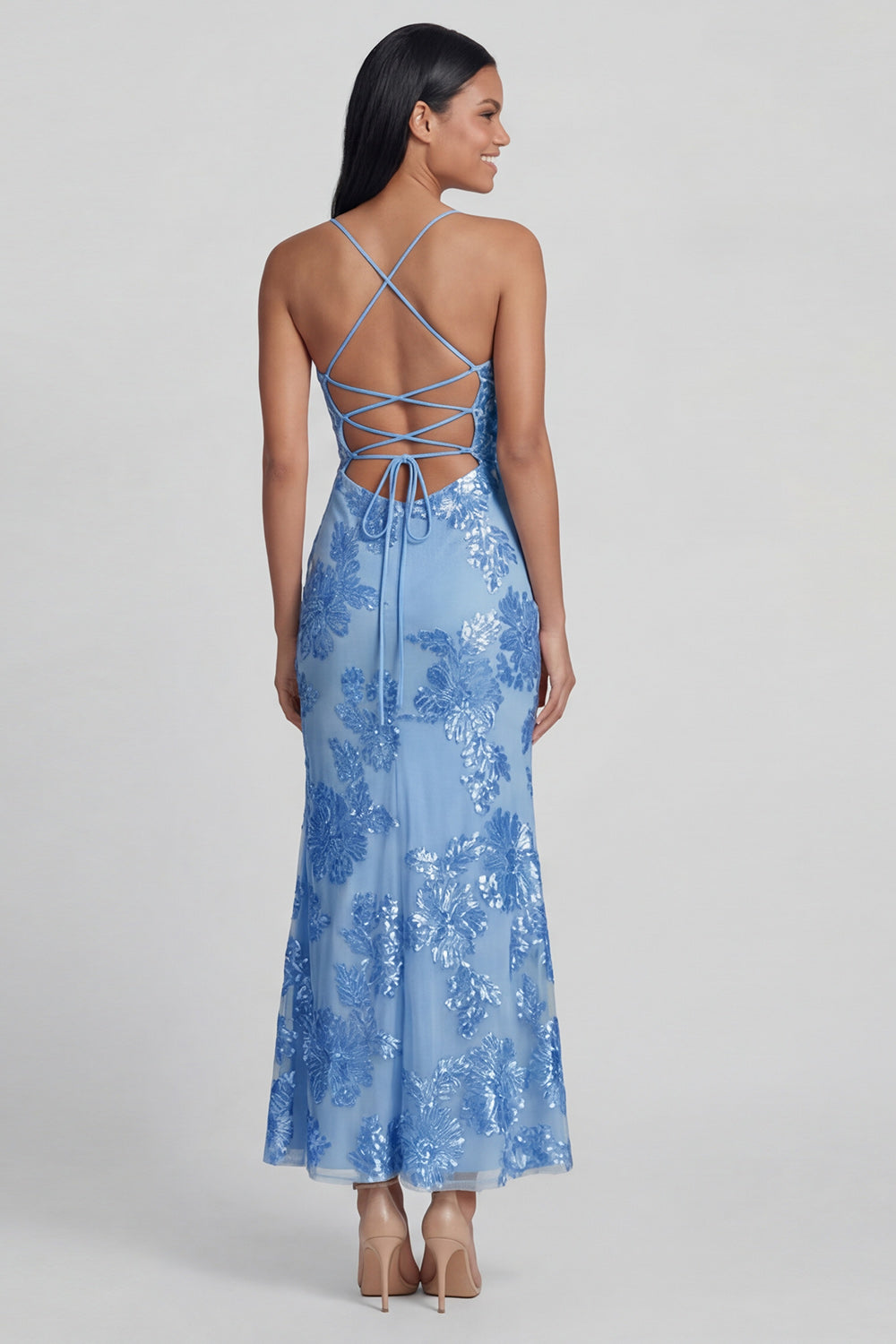 Sage Green Sheath Spaghetti Straps Floral Embroidery Maxi Dress with Lace Up Back