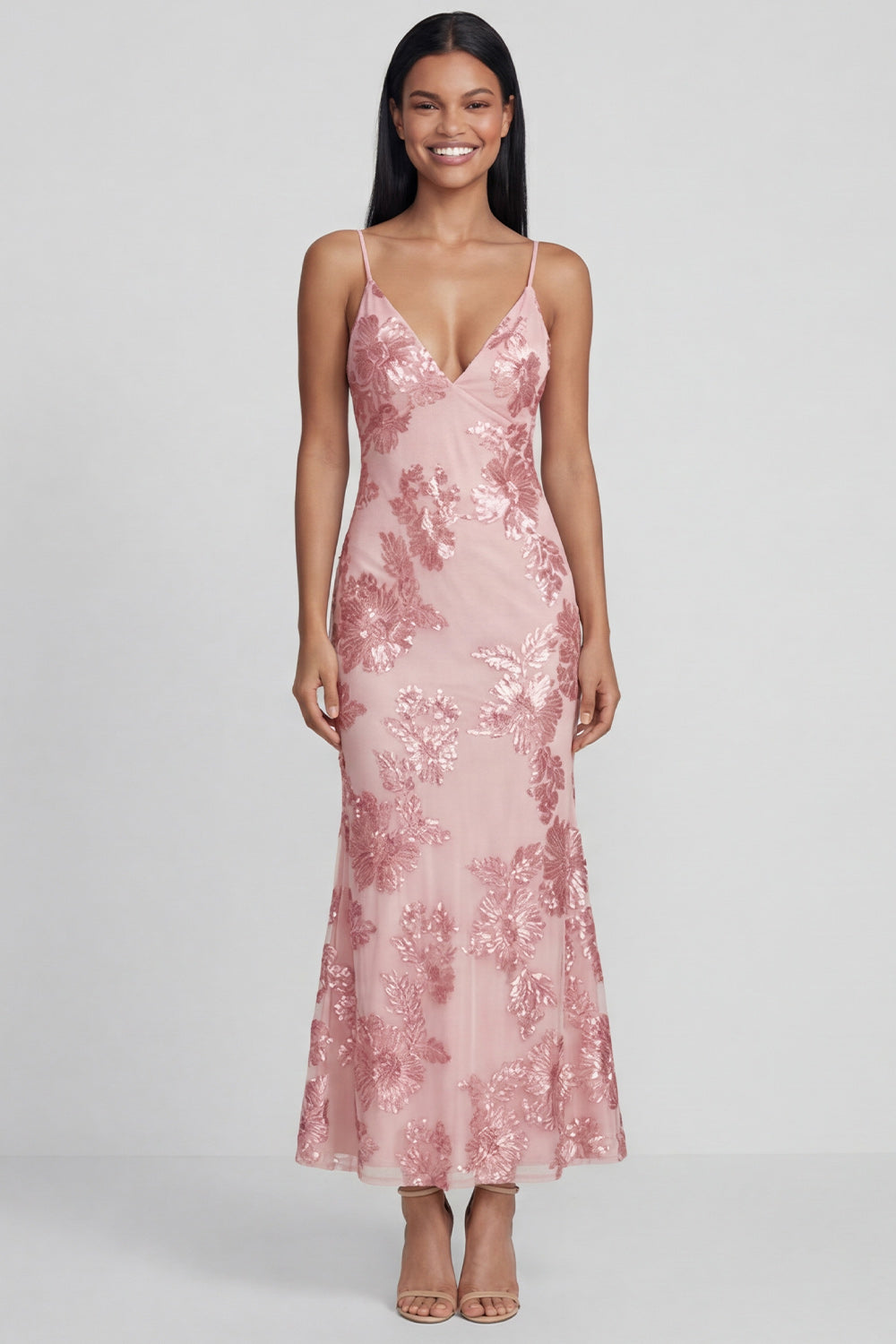 Sage Green Sheath Spaghetti Straps Floral Embroidery Maxi Dress with Lace Up Back
