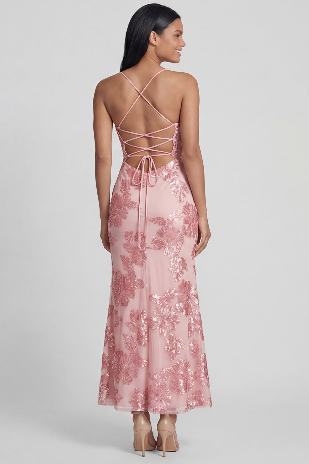 Sage Green Sheath Spaghetti Straps Floral Embroidery Maxi Dress with Lace Up Back