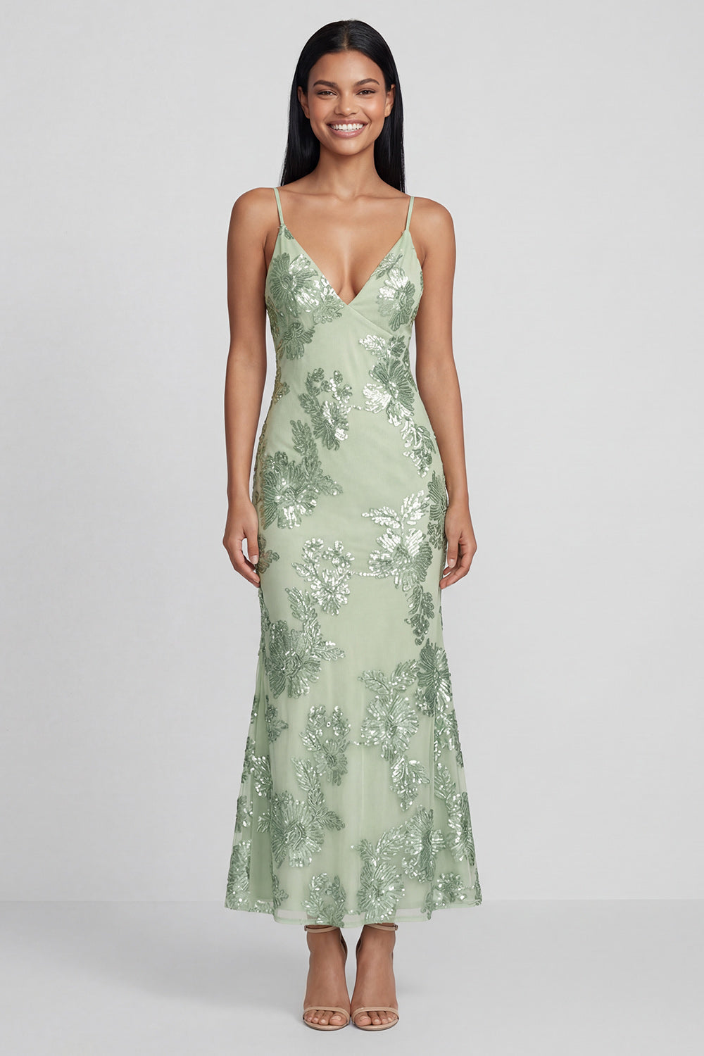 Sage Green Sheath Spaghetti Straps Floral Embroidery Maxi Dress with Lace Up Back