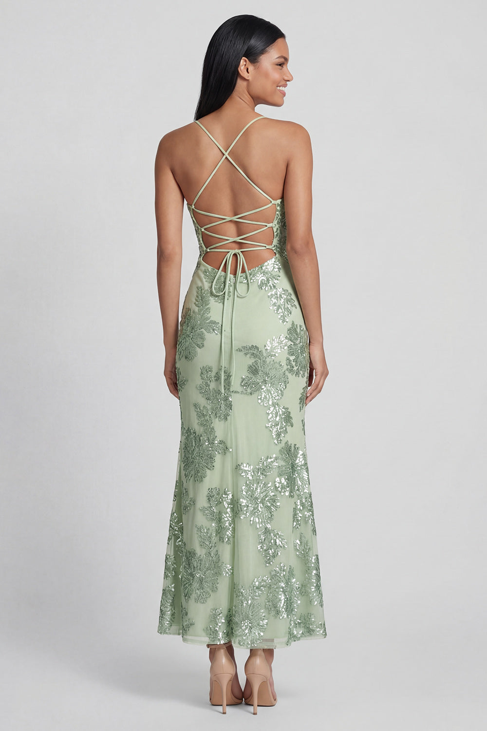 Sage Green Sheath Spaghetti Straps Floral Embroidery Maxi Dress with Lace Up Back