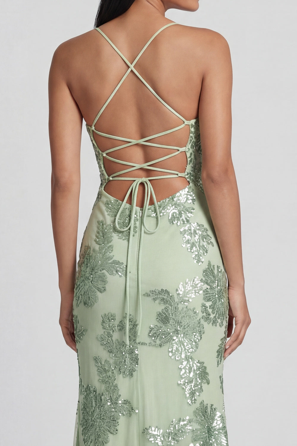 Sage Green Sheath Spaghetti Straps Floral Embroidery Maxi Dress with Lace Up Back