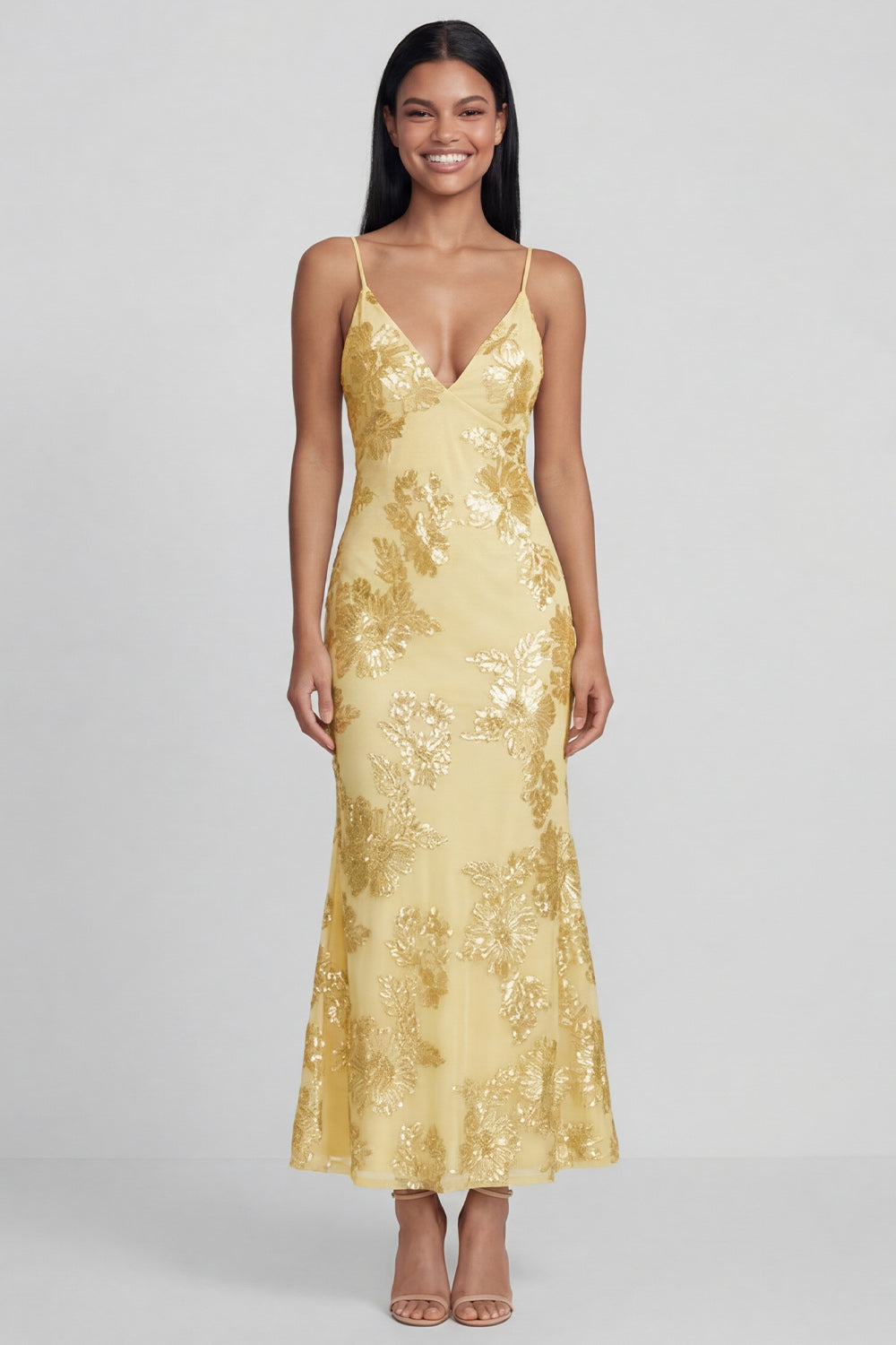 Sage Green Sheath Spaghetti Straps Floral Embroidery Maxi Dress with Lace Up Back