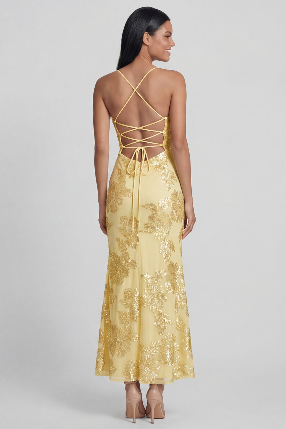 Sage Green Sheath Spaghetti Straps Floral Embroidery Maxi Dress with Lace Up Back
