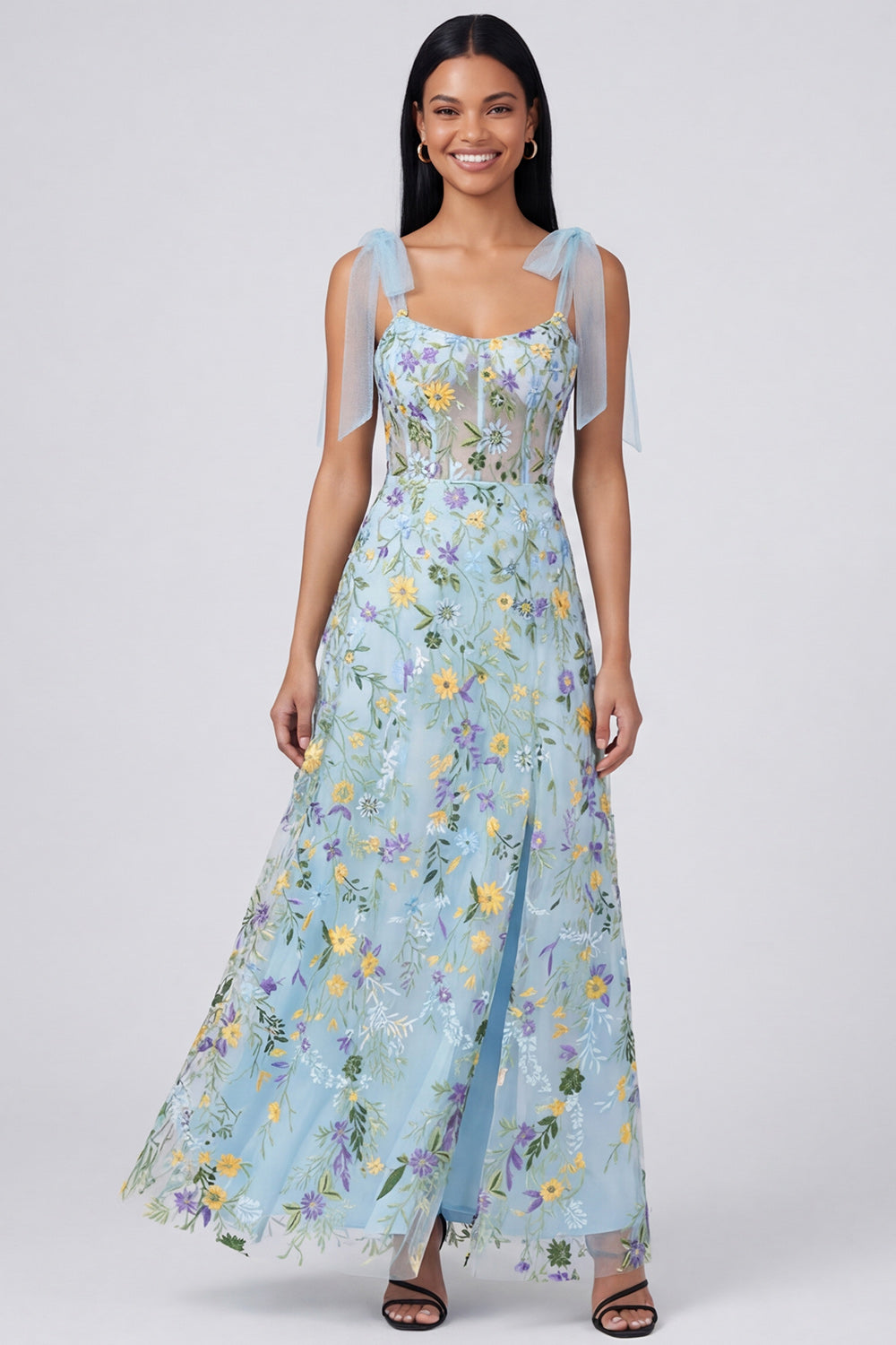 Robe longue évasée à corset motif floral bleu avec fente