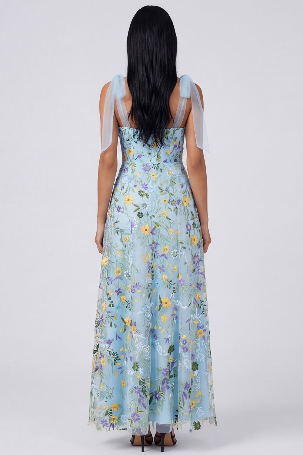 Robe longue évasée à corset motif floral bleu avec fente