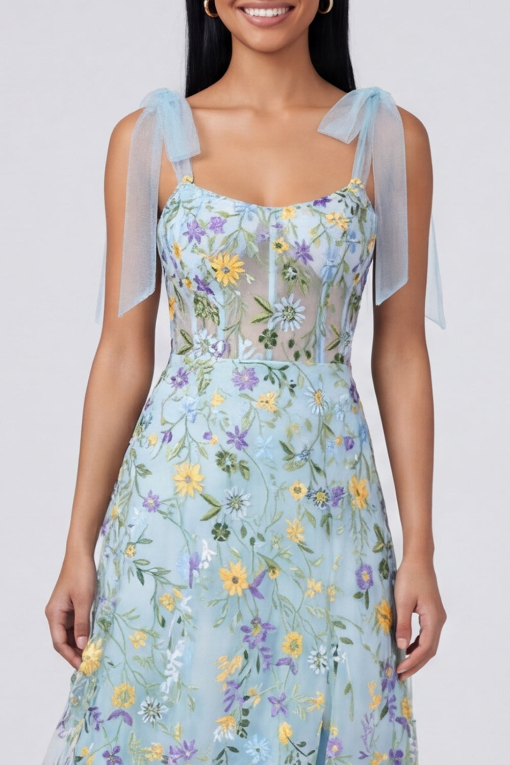 Robe longue évasée à corset motif floral bleu avec fente