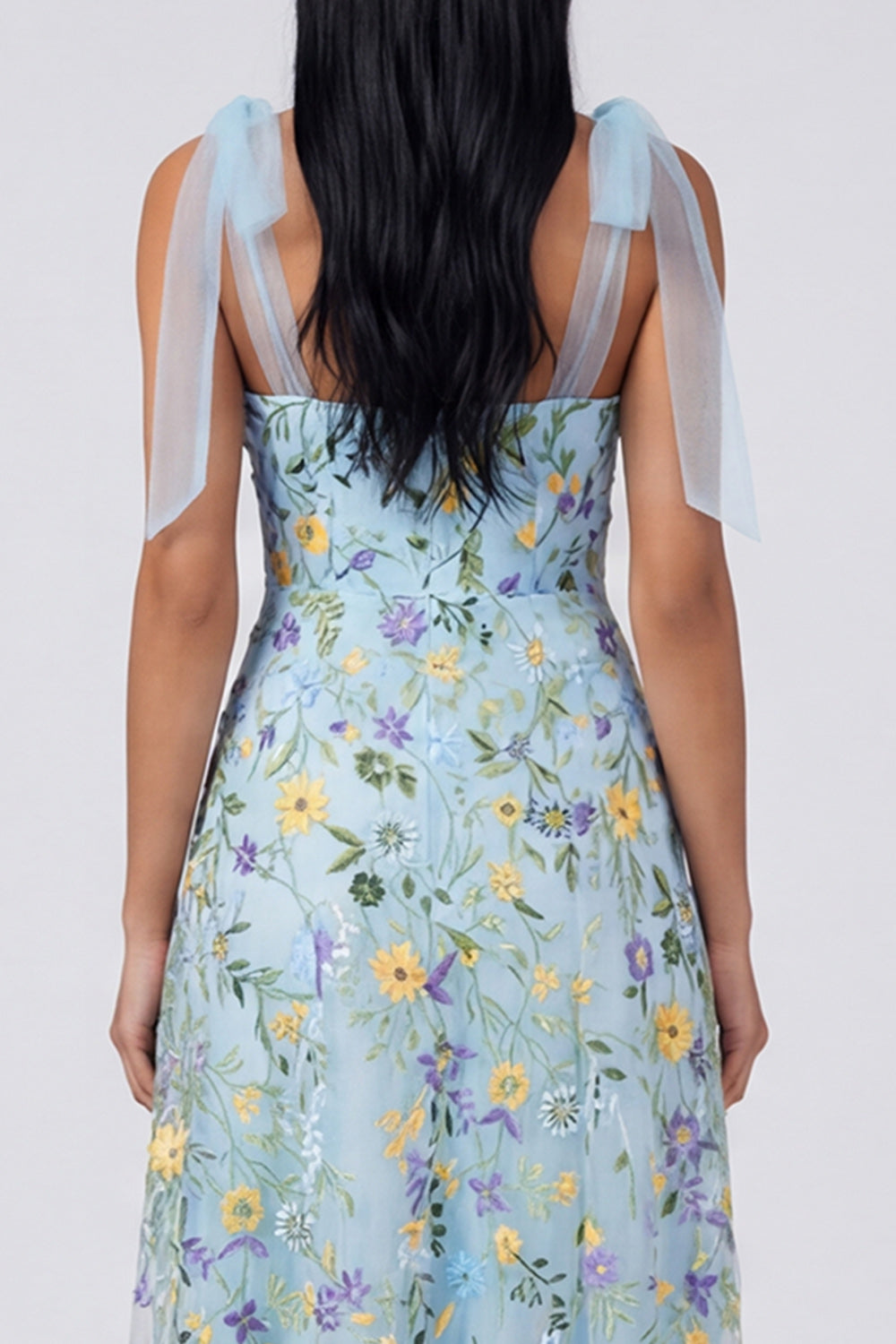 Robe longue évasée à corset motif floral bleu avec fente