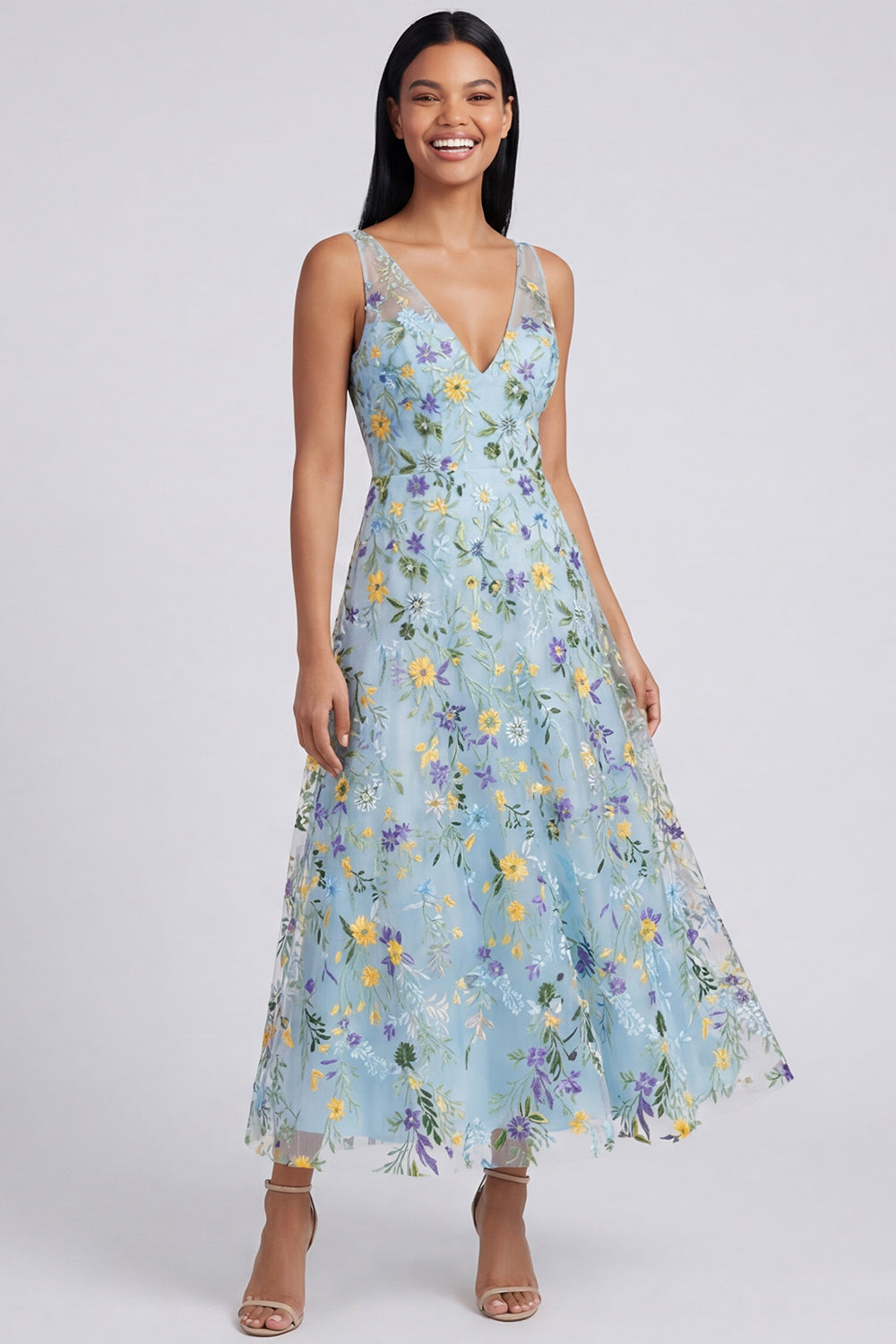 Robe longue évasée à col en V, imprimé floral bleu